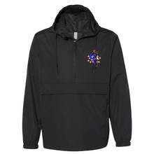 Load image into Gallery viewer, Black hooded anorak jacket with a half-zip front, featuring a graphic print of Disco Turkeys on the chest.