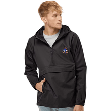 Load image into Gallery viewer, male wearing anorak waterproof jacket with disco turkeys logo printed on left chest