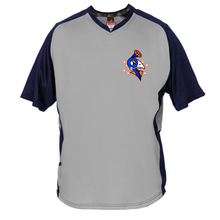 Load image into Gallery viewer, A navy and grey colored poly v-neck active pullover with a logo on the chest.