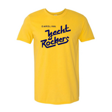Load image into Gallery viewer, A yellow crew neck t-shirt with the text &#39;CAROLINA YACHT ROCKERS&#39; printed in blue
